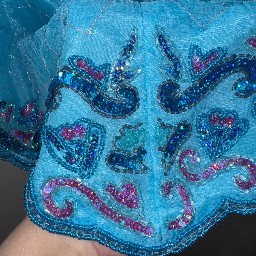 Crystals‎ Women Blouse Size L Turquoise Beaded Sequin Scalloped Hem Mermaidcore - Picture 8 of 13